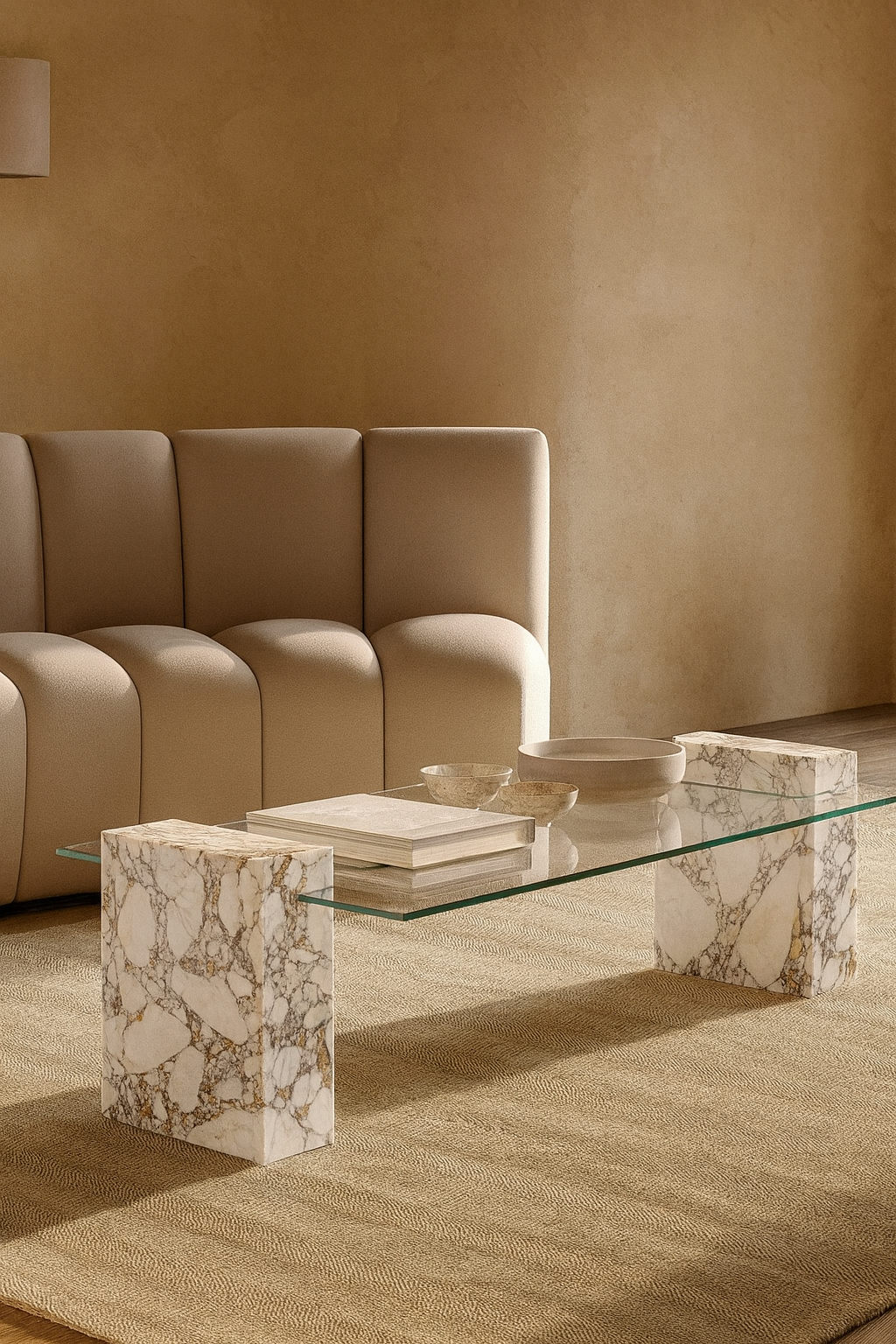 Post-Modern Marble Block Coffee Table with Glass Top
