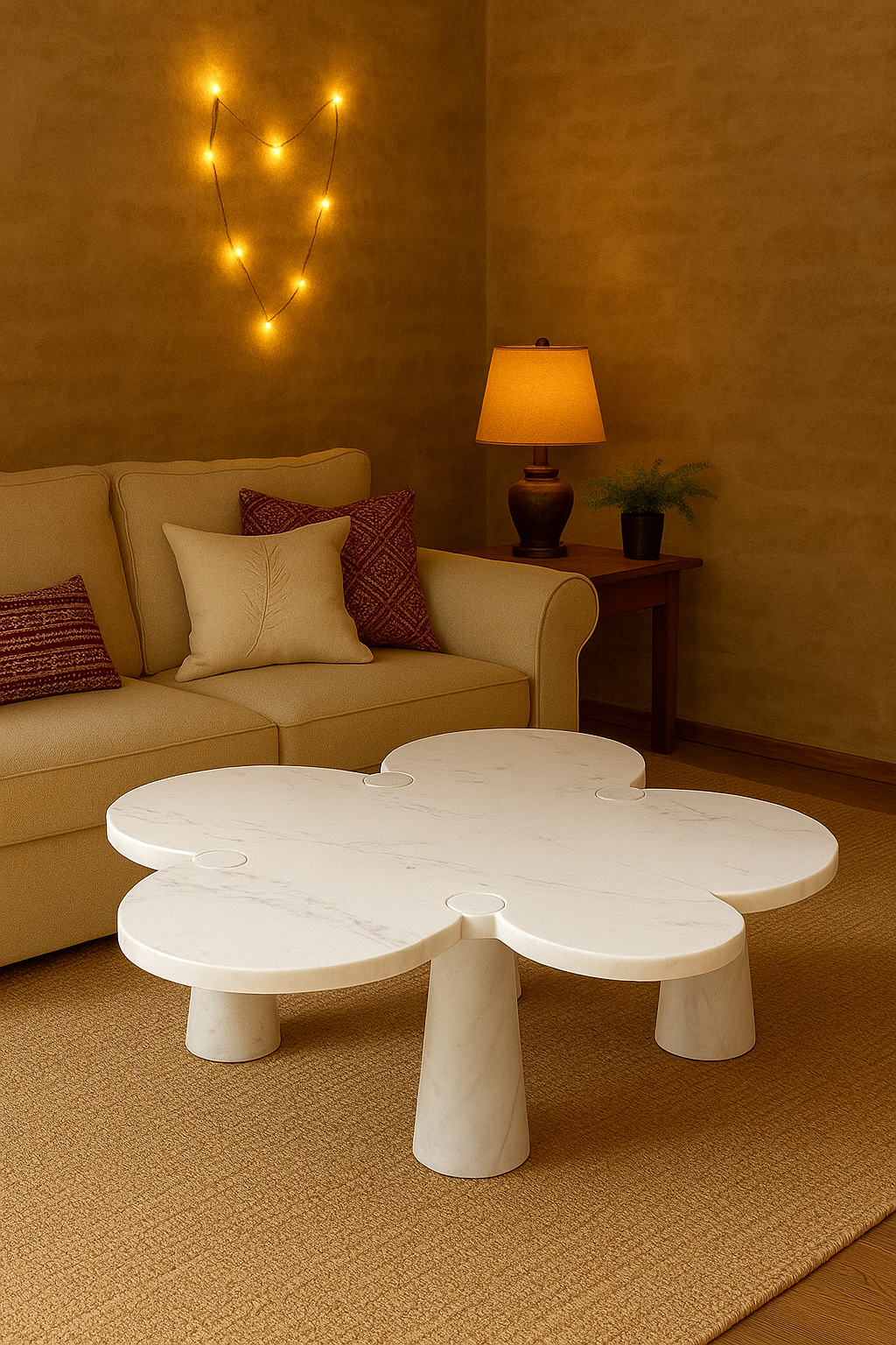 White Marble Flower-Shaped Coffee Table with Tapered Legs