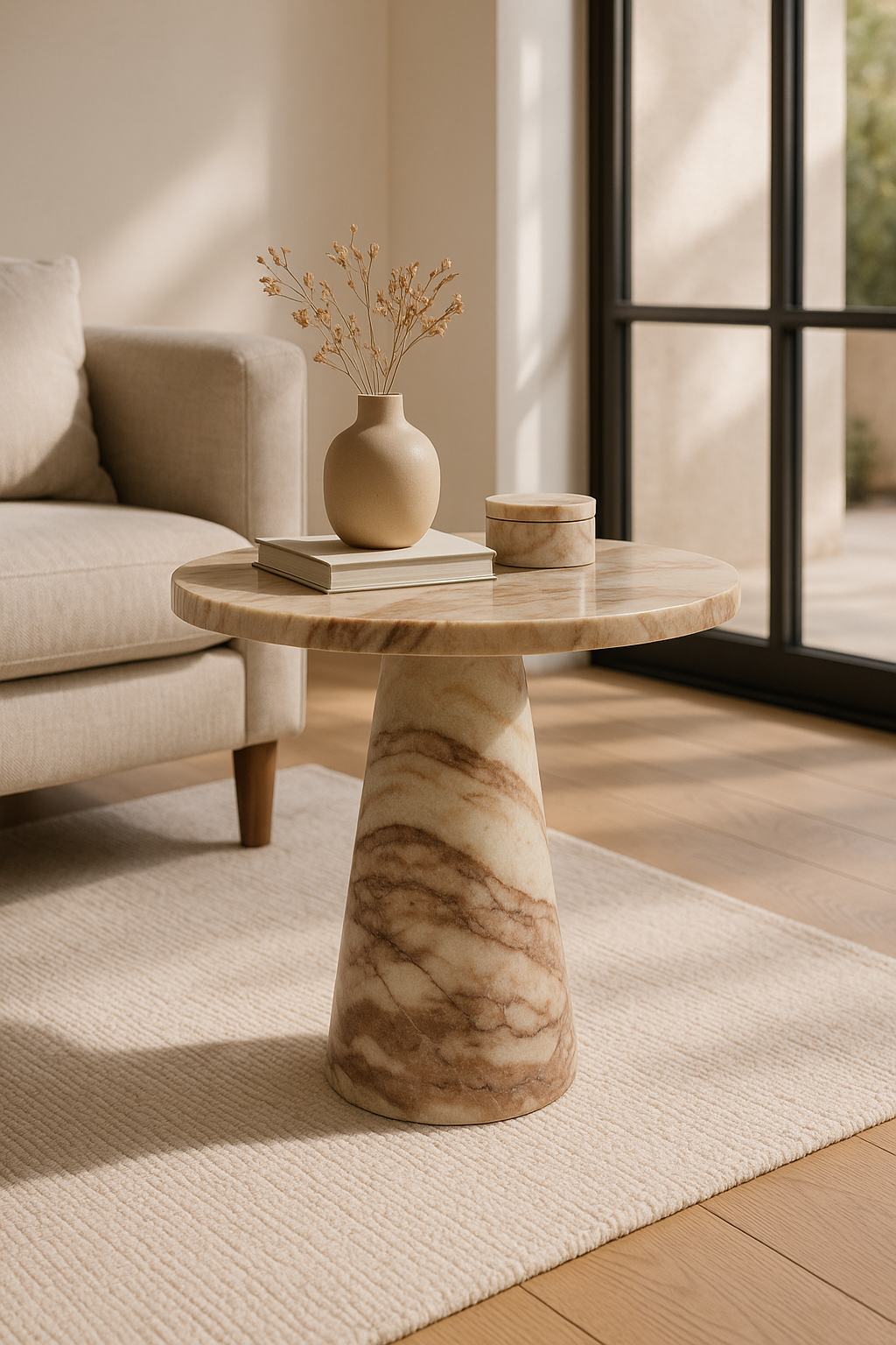 Warm Veined Marble Pedestal Accent Table