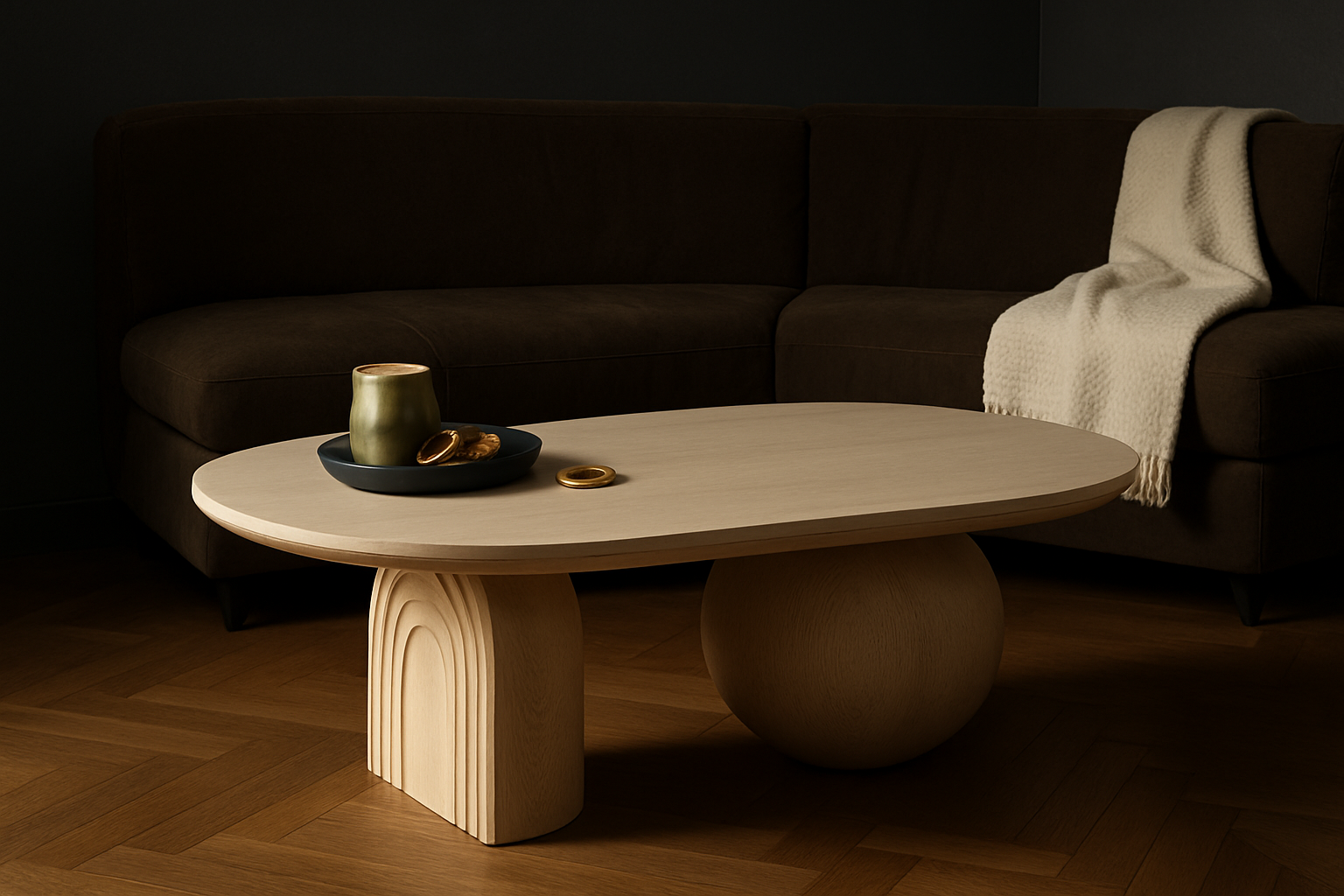 Marble Coffee Table with Fluted Arch and Spherical Legs