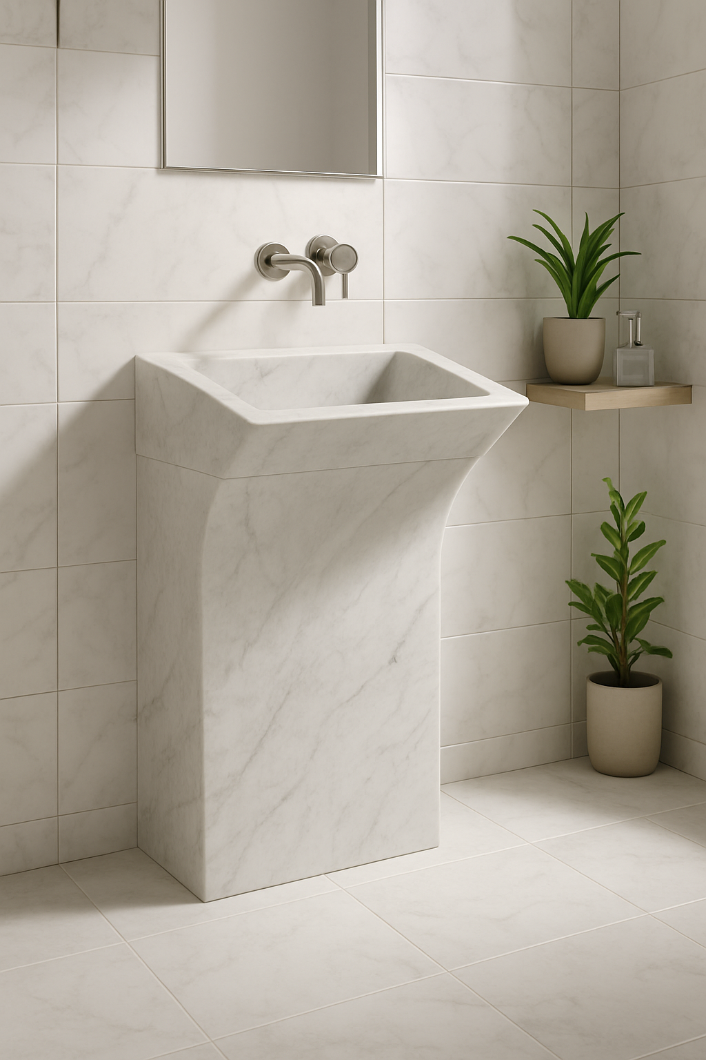 Curved White Marble Pedestal Basin with Squared Rim