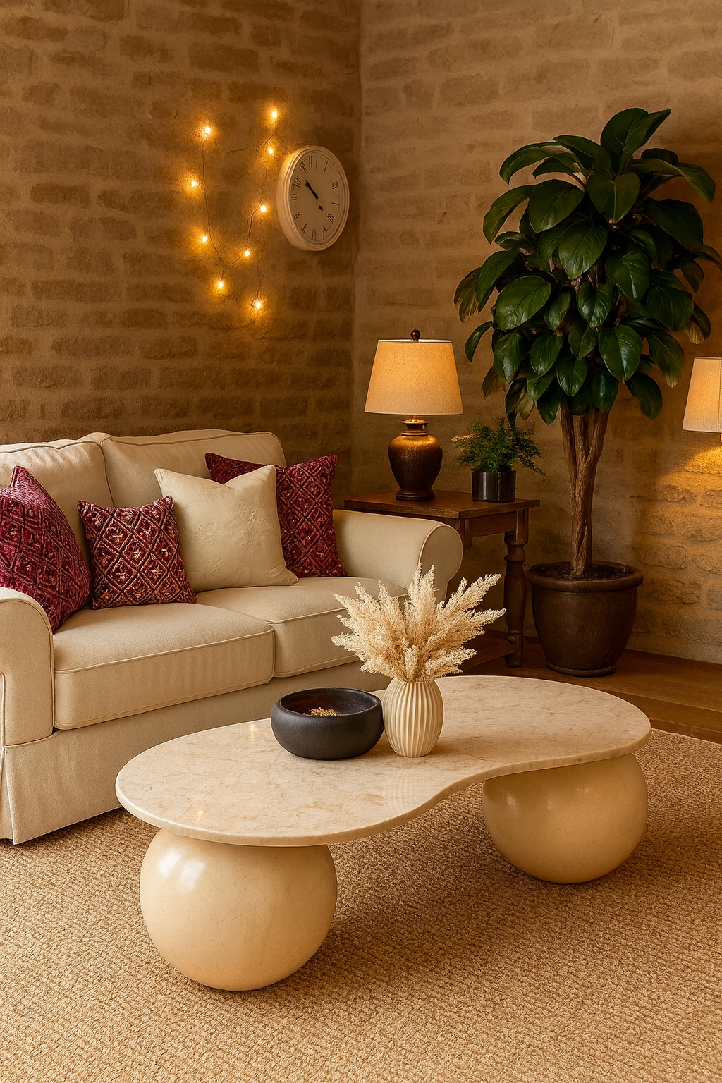 Pale Kidney-Shaped Marble Coffee Table with Spherical Bases
