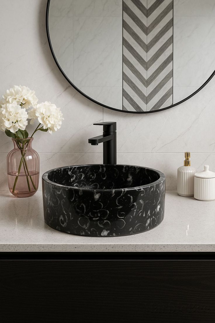 Unique Black Marble Cylinder Basin