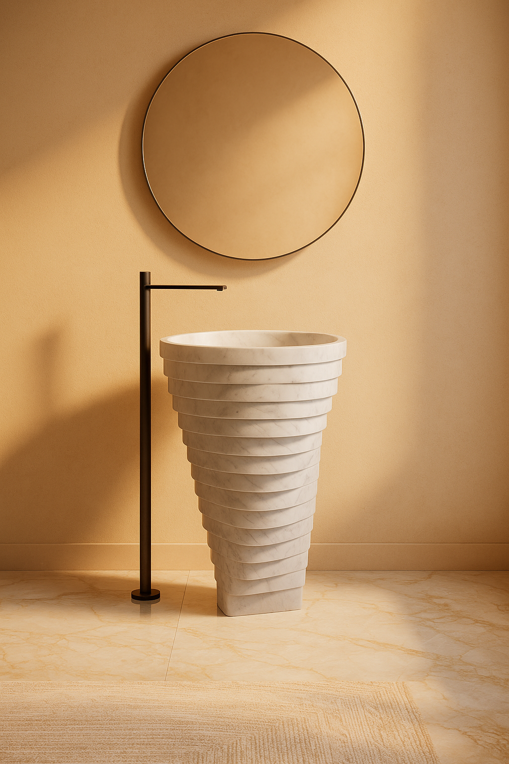 Swirling Tiered White Marble Pedestal Basin