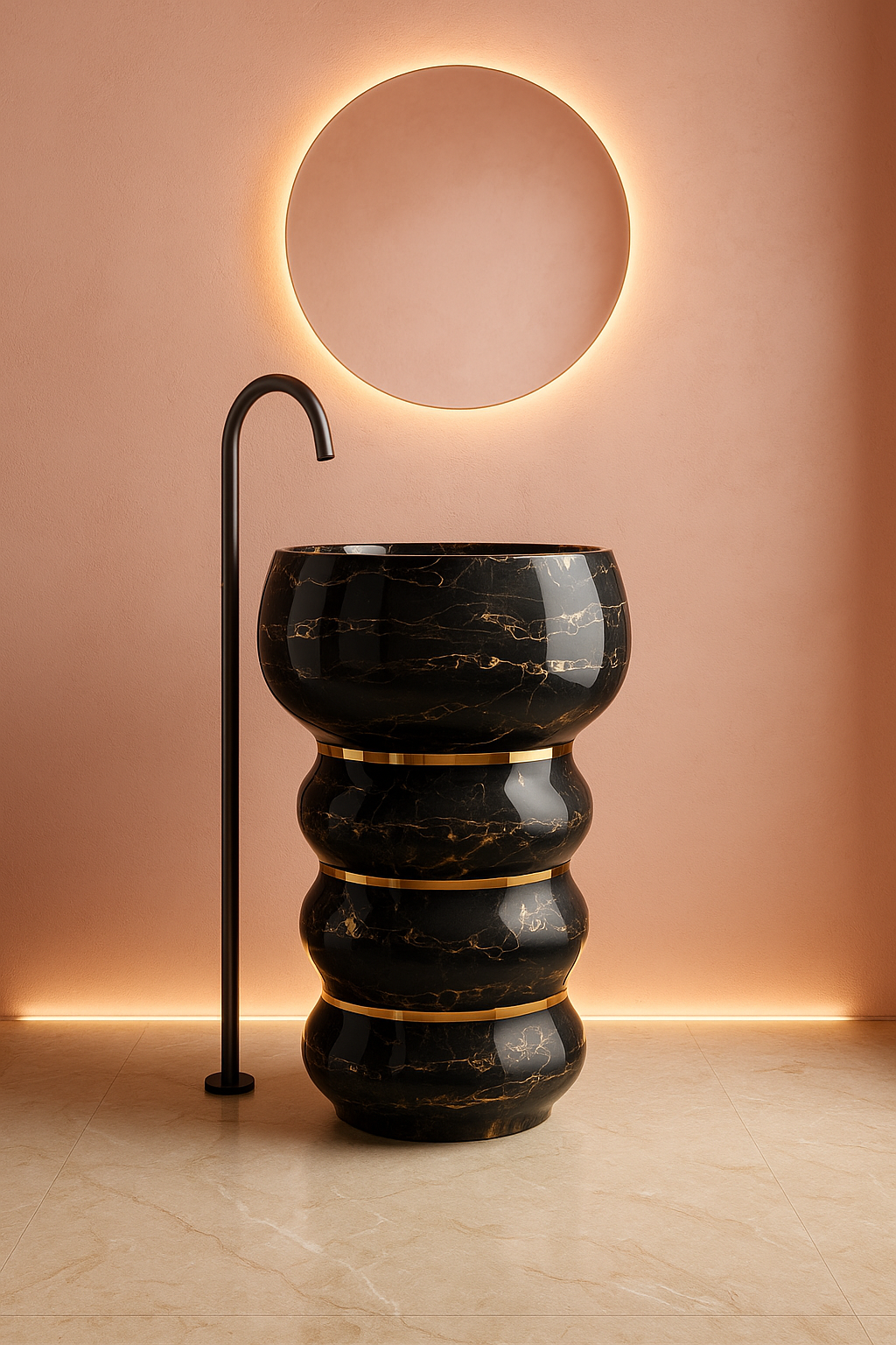 Gold-Accented Black Marble Hourglass Pedestal Basin