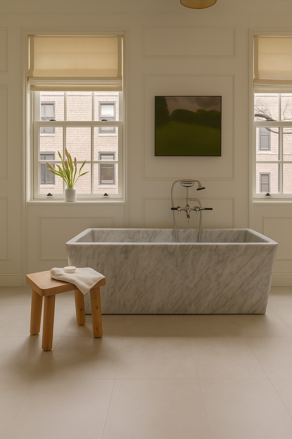 Rectangular White Marble Soaking Bathtub