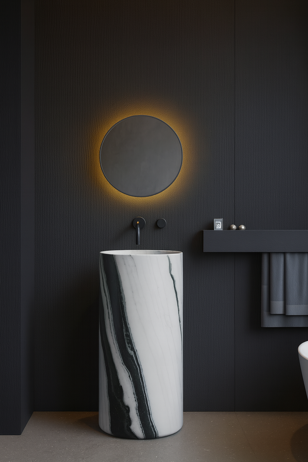 Monochrome Striated Marble Pedestal Basin