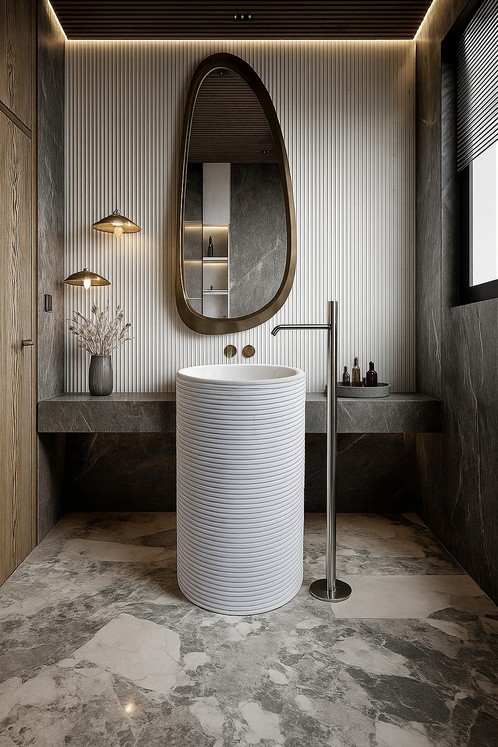 Contemporary Cylindrical White Marble Pedestal Basin