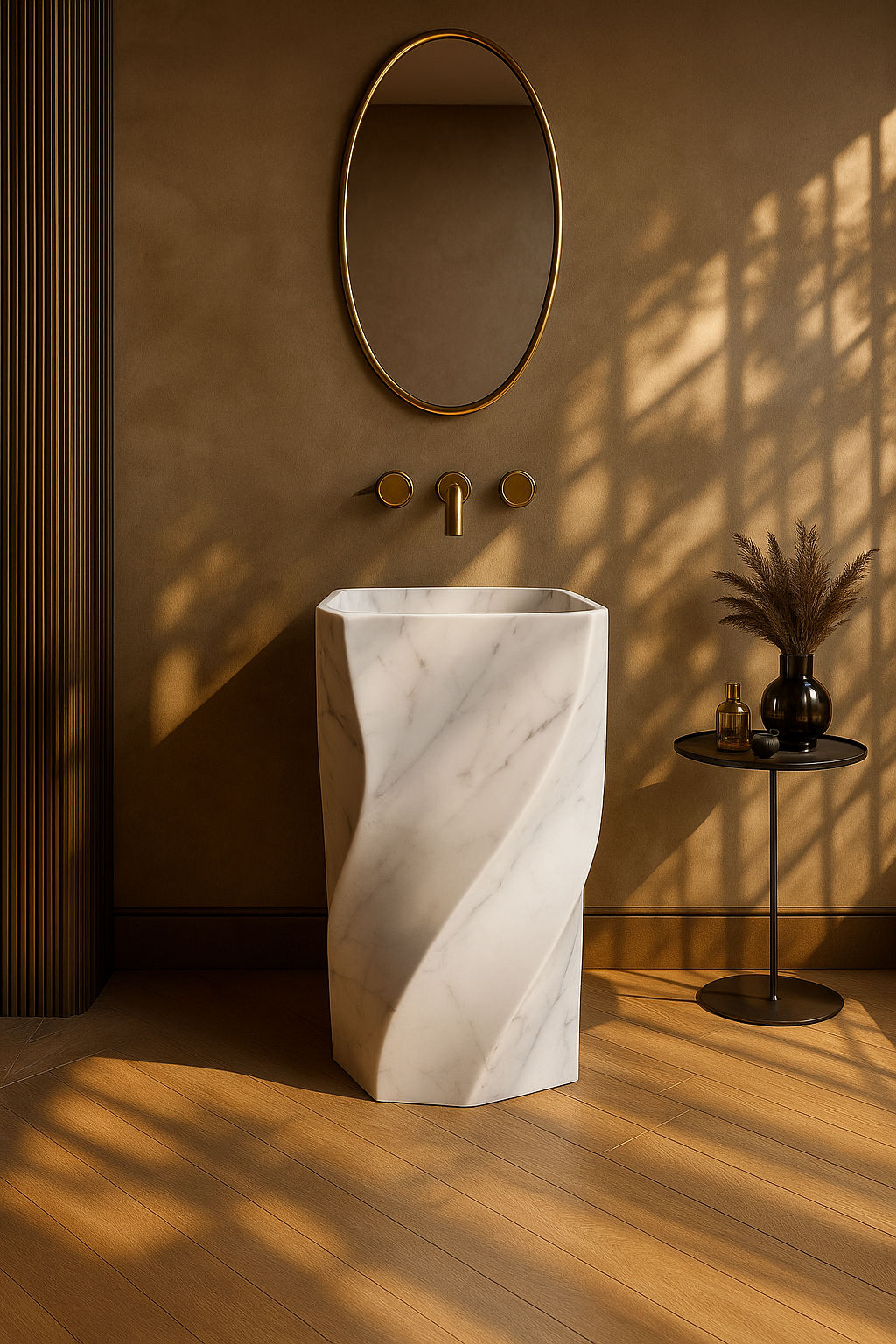 Twisted Elegance: Sculptural Marble Pedestal Basin
