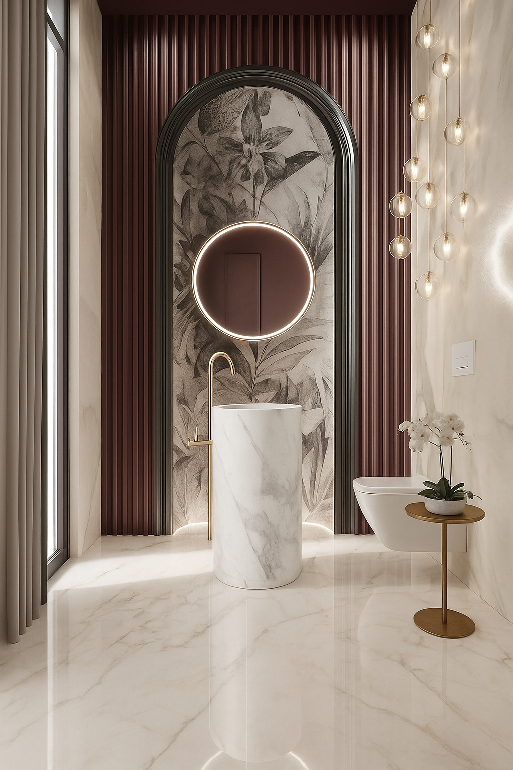 Minimalist Marble Basin with Integrated Wooden Shelf