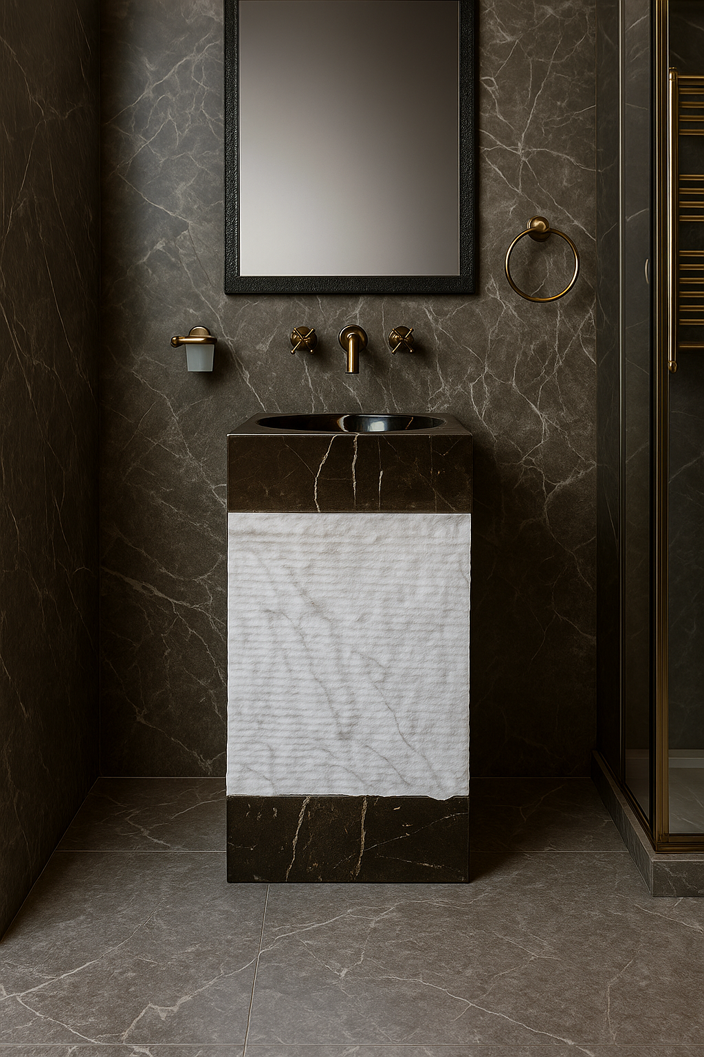 Two-Tone Rectangular Marble Pedestal Basin