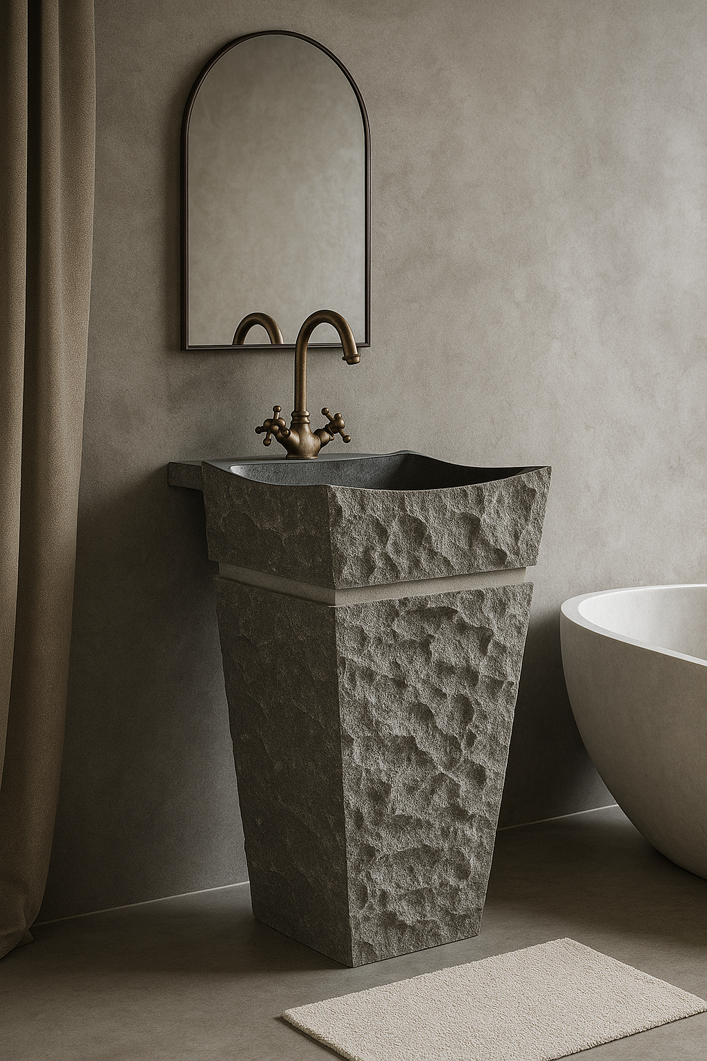 Rustic Carved Stone Pedestal Basin