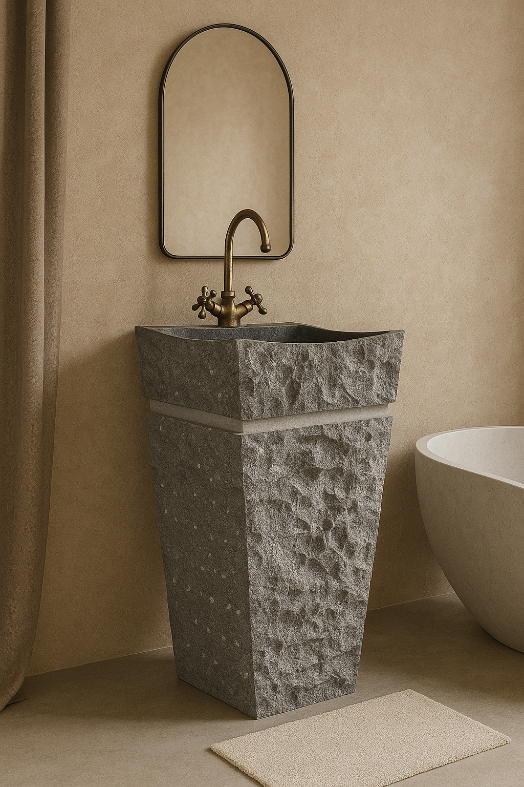 Rustic Carved Stone Pedestal Basin