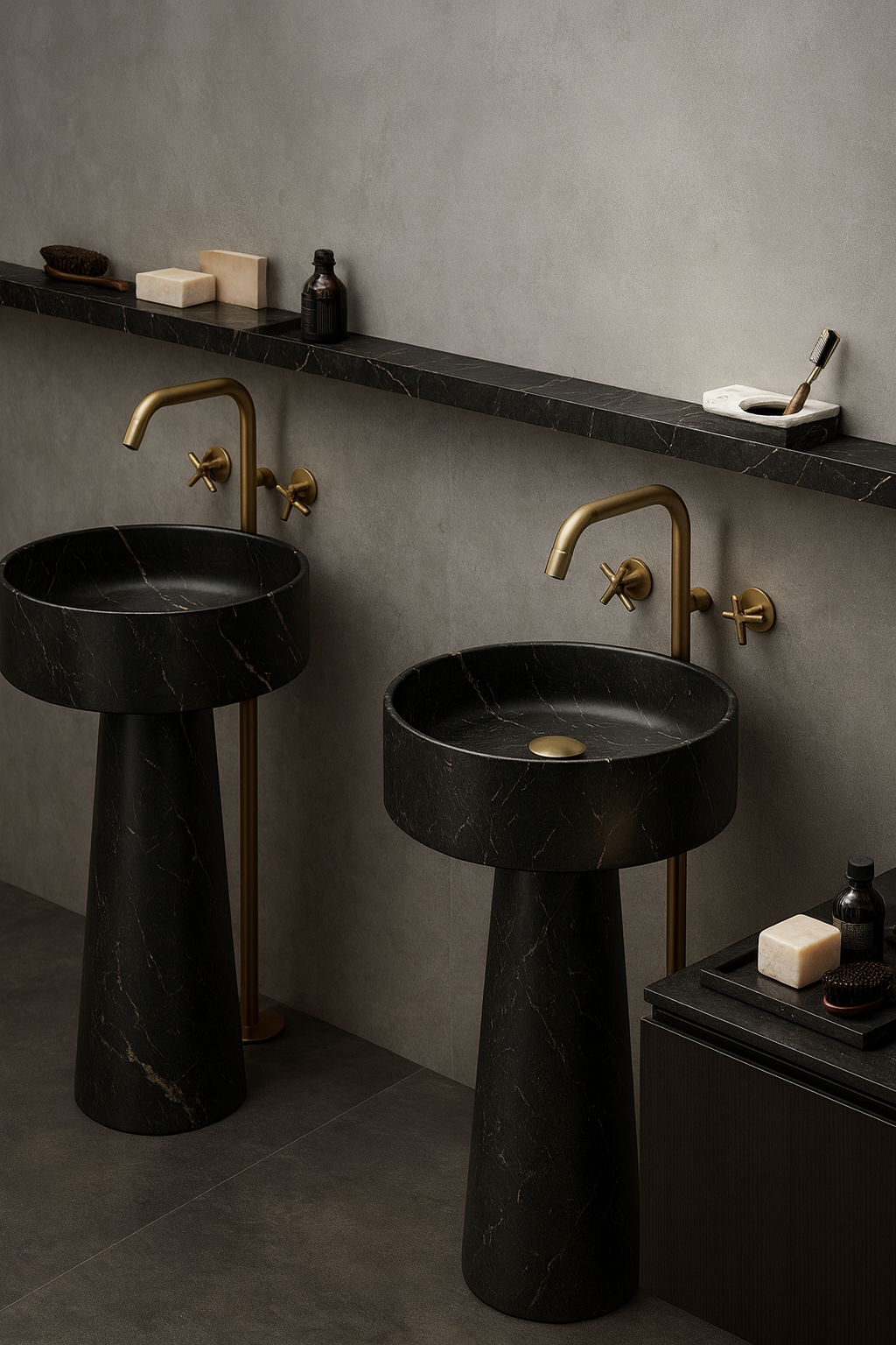 Black Marble Pedestal Basin with Brass Fixtures