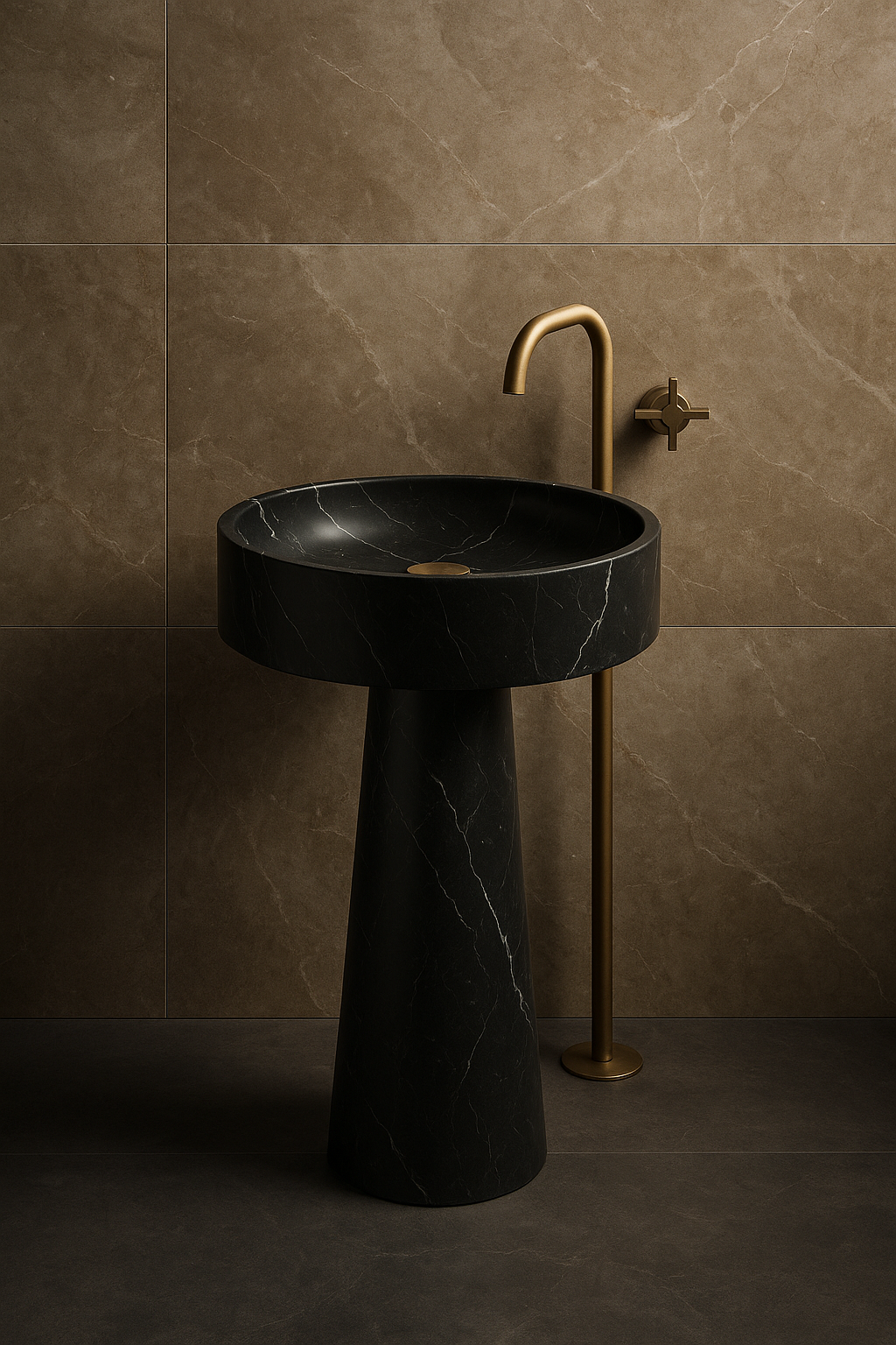Black Marble Pedestal Basin with Brass Fixtures