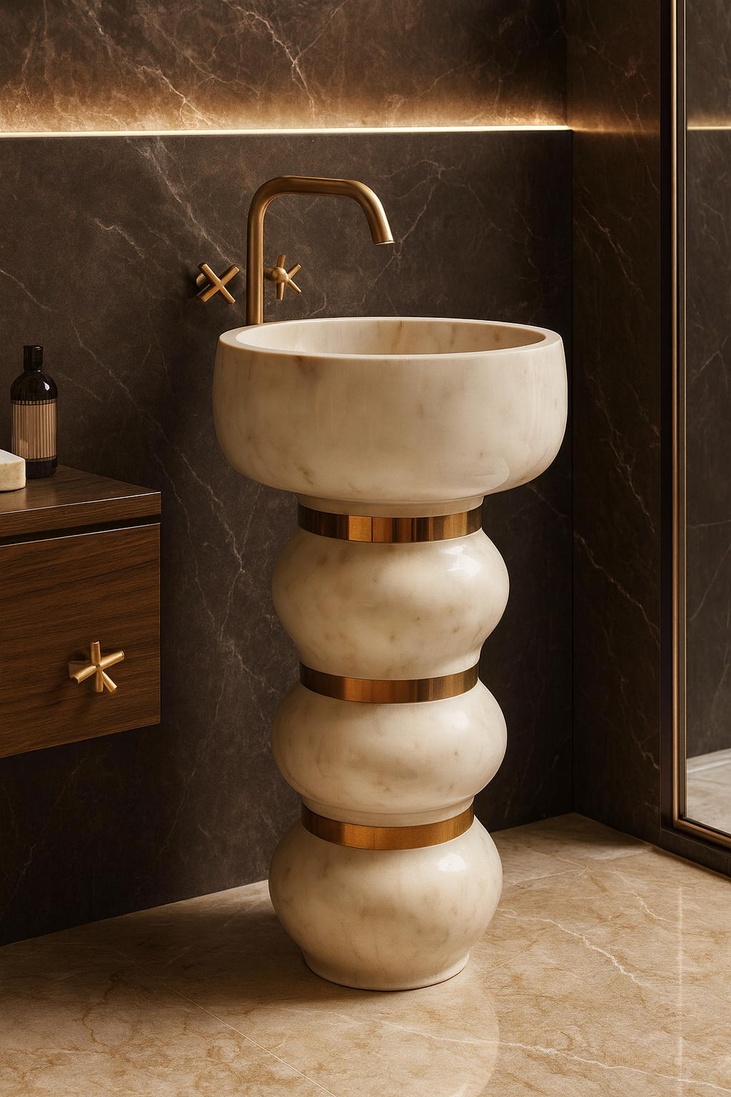 Sculptural Cream Marble Pedestal Basin with Brass Bands