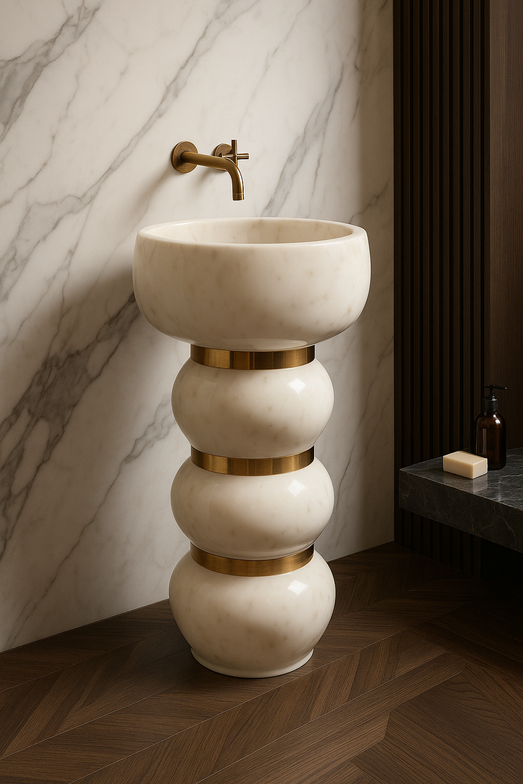 Sculptural Cream Marble Pedestal Basin with Brass Bands