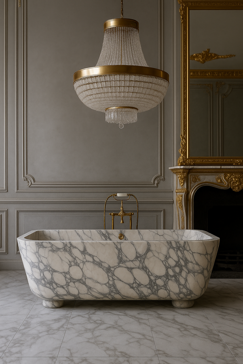 Opulent Grey Veined Marble Bathtub