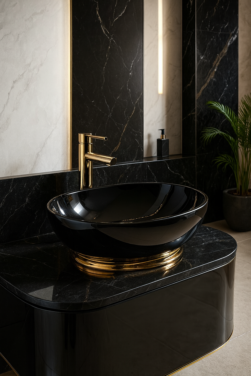 Black Gloss Vessel Basin with Gold Accents