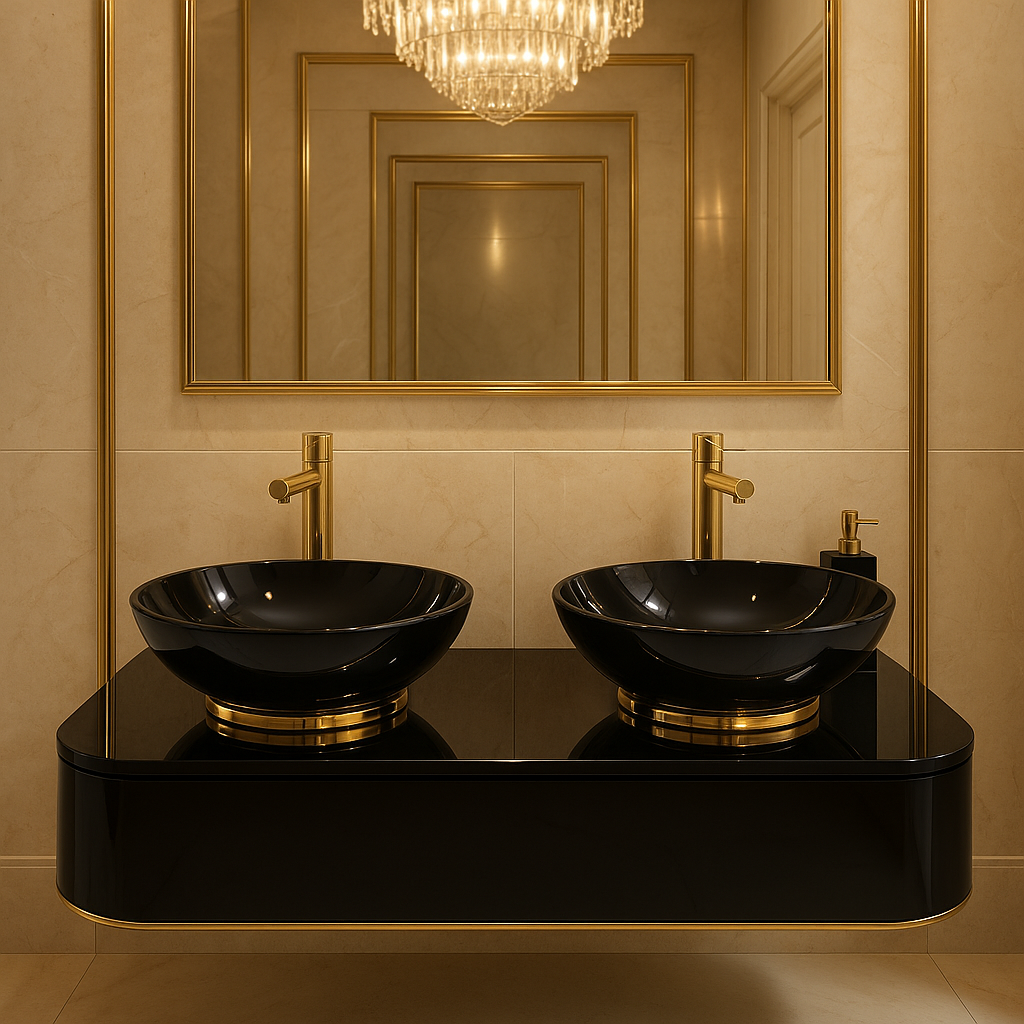 Black Gloss Vessel Basin with Gold Accents