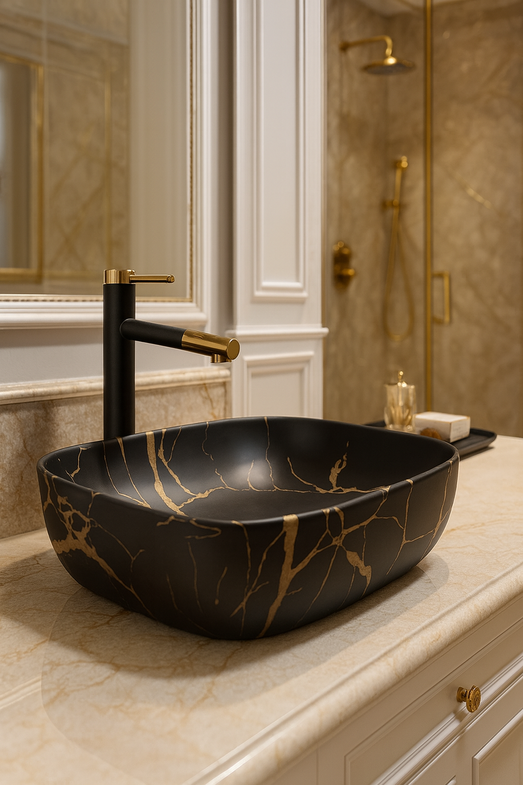 Black Marble Rectangular Basin with Gold Veins