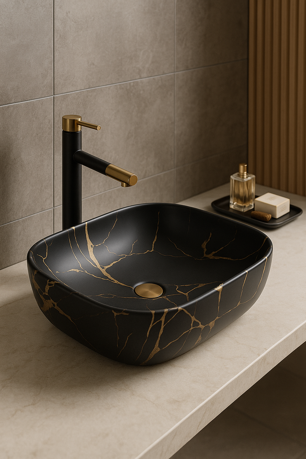 Black Marble Rectangular Basin with Gold Veins
