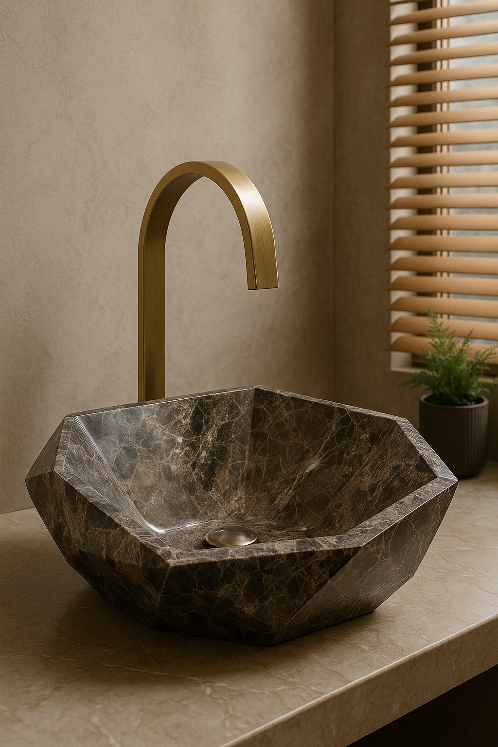 Angular Brown Marble Geometric Basin