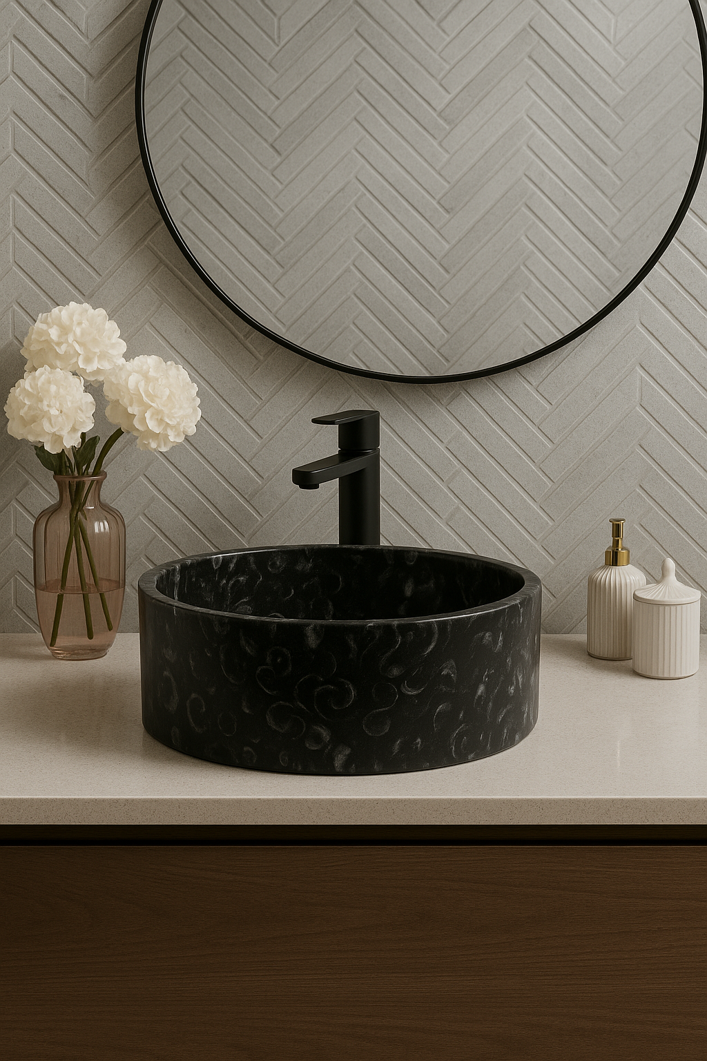 Unique Black Marble Cylinder Basin