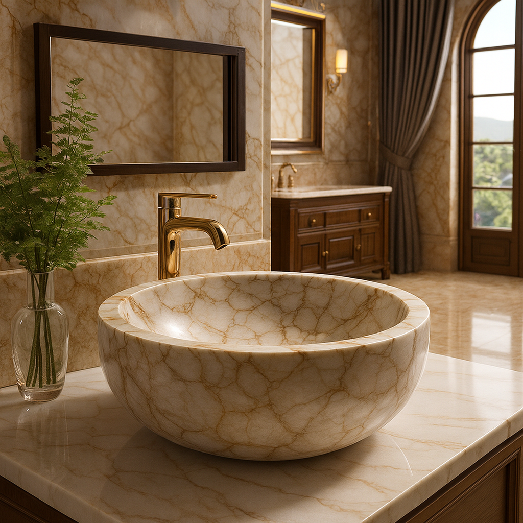 Round Beige Marble Countertop Basin