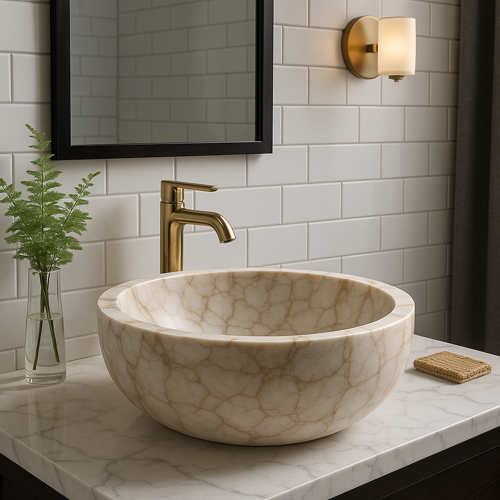 Round Beige Marble Countertop Basin