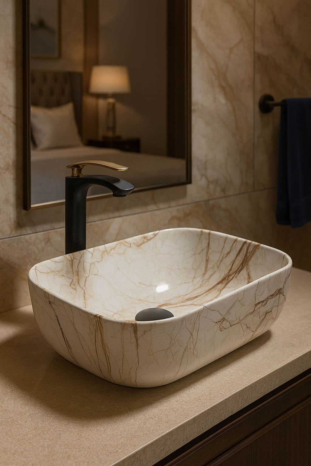 Contemporary Beige Marble Rectangular Basin