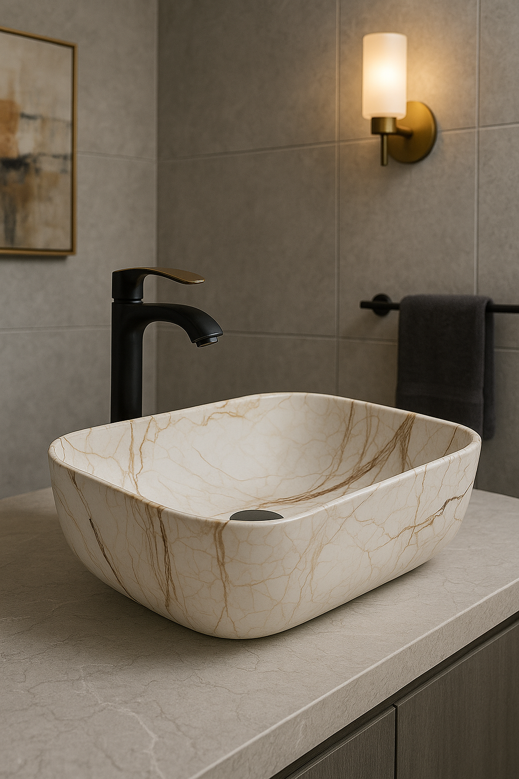 Contemporary Beige Marble Rectangular Basin