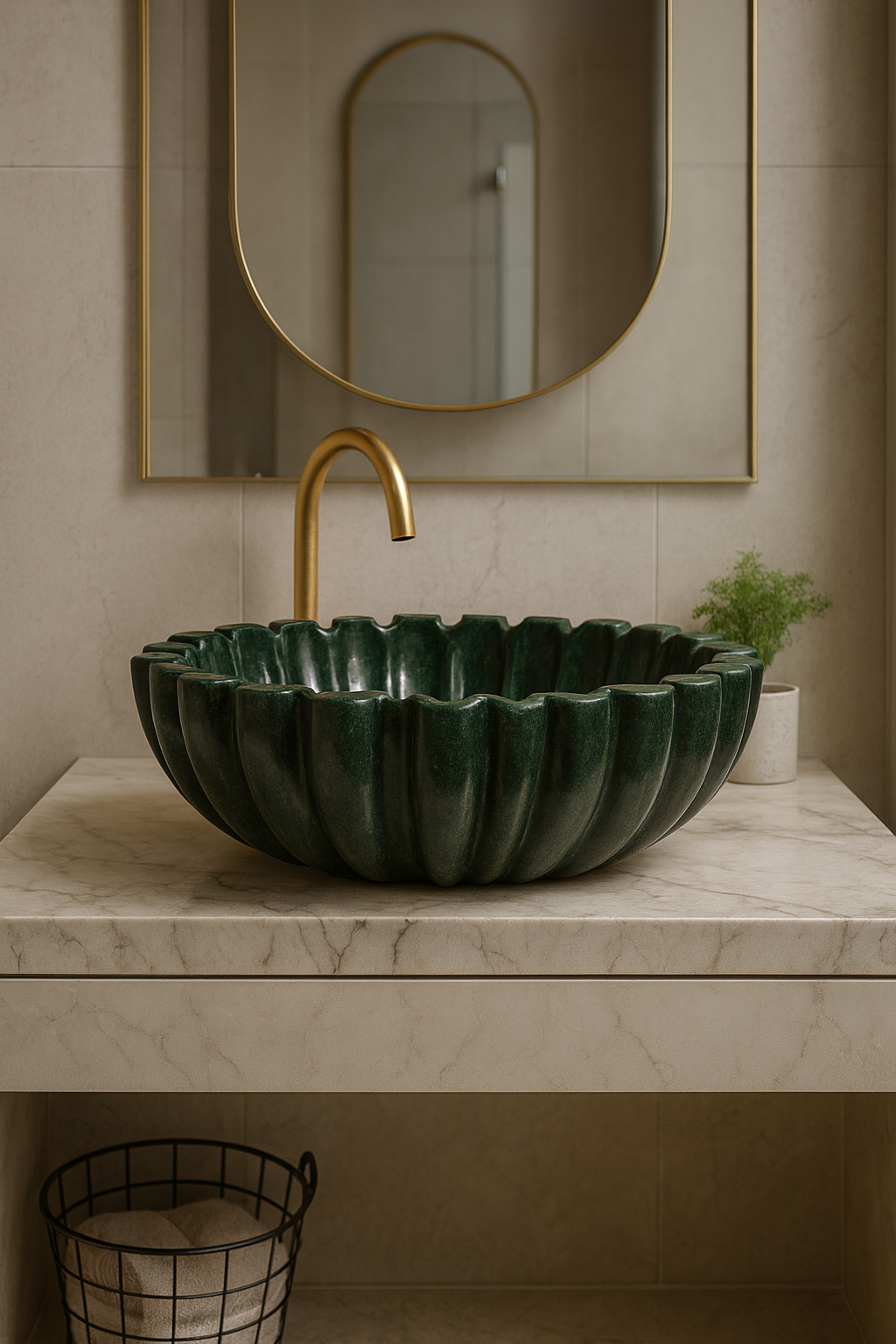 Sculpted Green Marble Lotus Basin