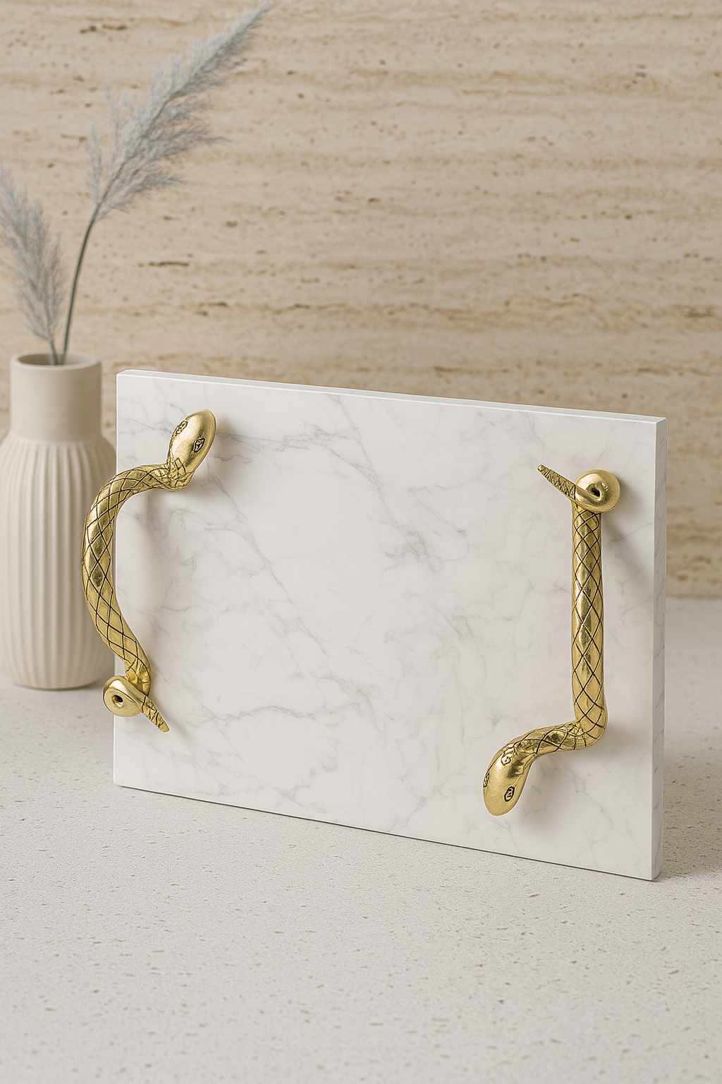 Calacatta Marble Tray with Gold Snake Handles
