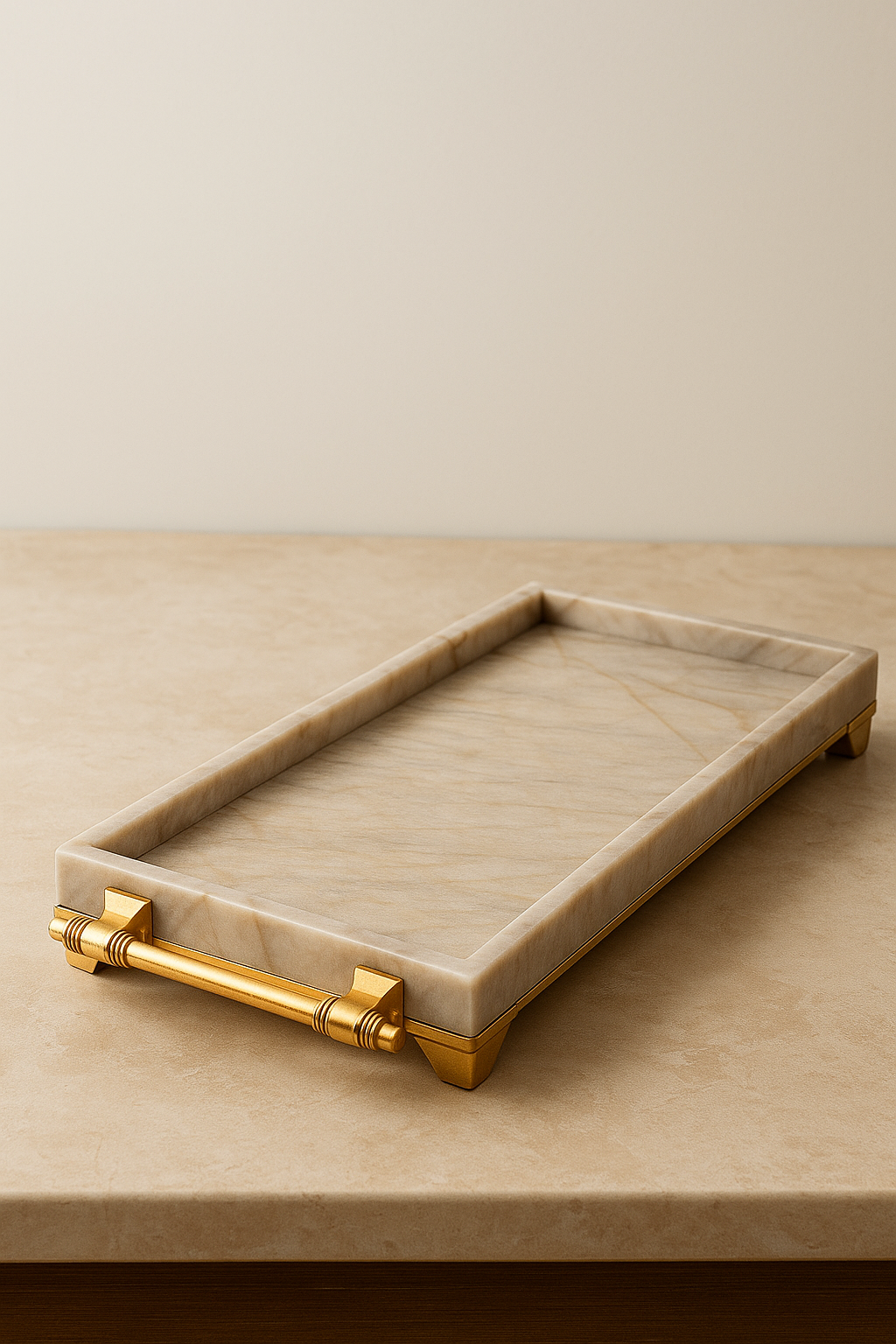 Champagne Beige Marble Rectangular Tray with Gold Hardware