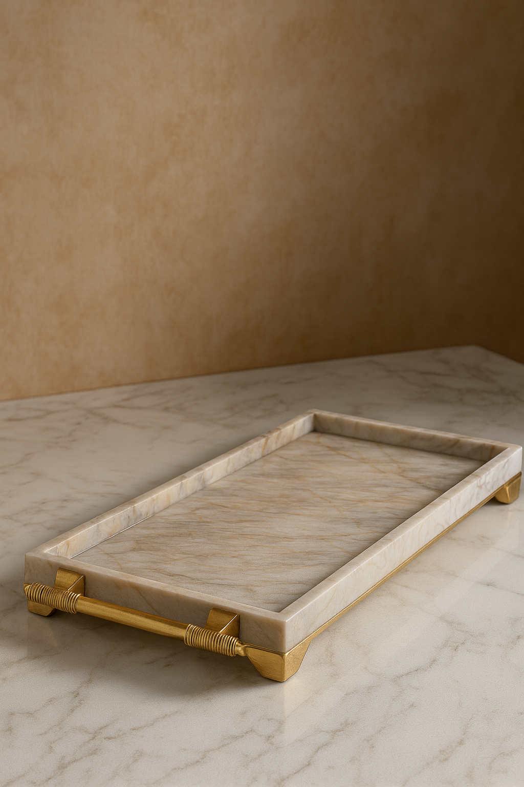 Champagne Beige Marble Rectangular Tray with Gold Hardware