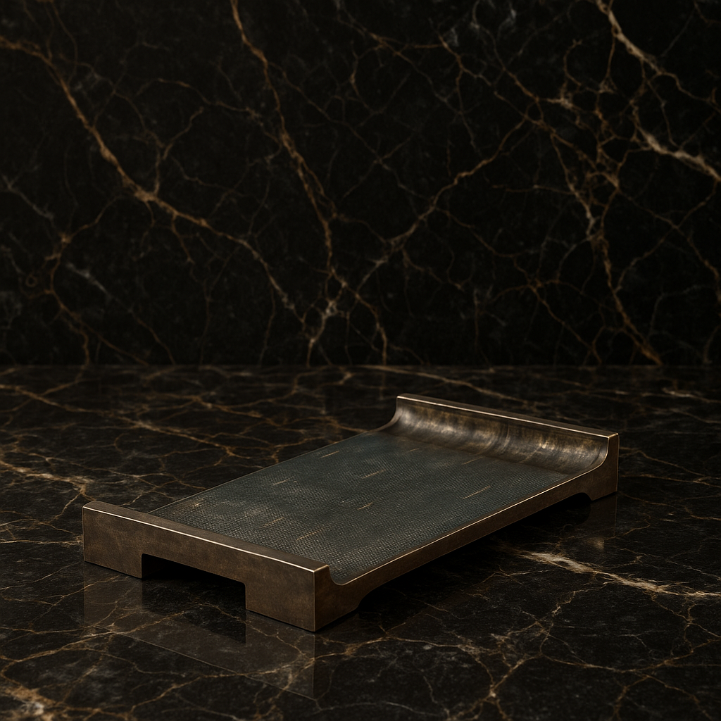 Black Leather and Bronze Rectangular Tray