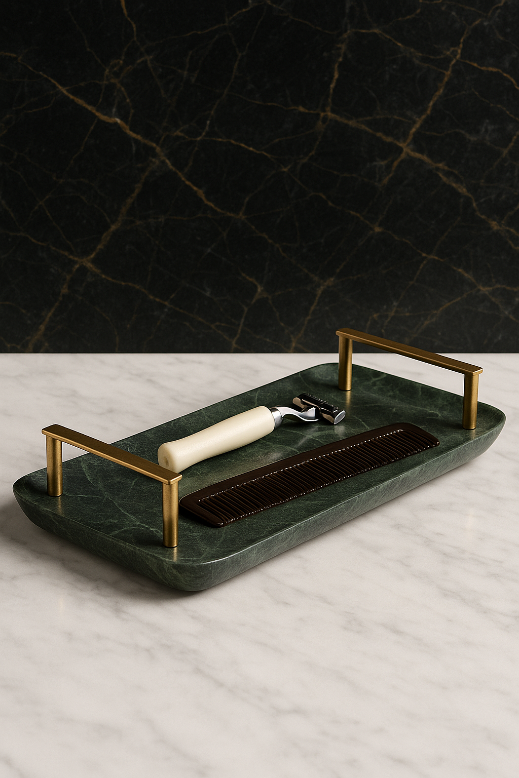 Green Marble Organizer Tray with Brass Handles