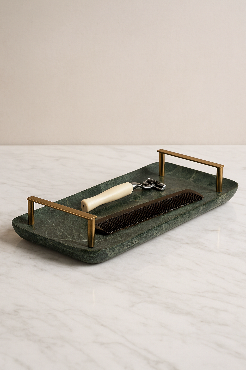 Green Marble Organizer Tray with Brass Handles