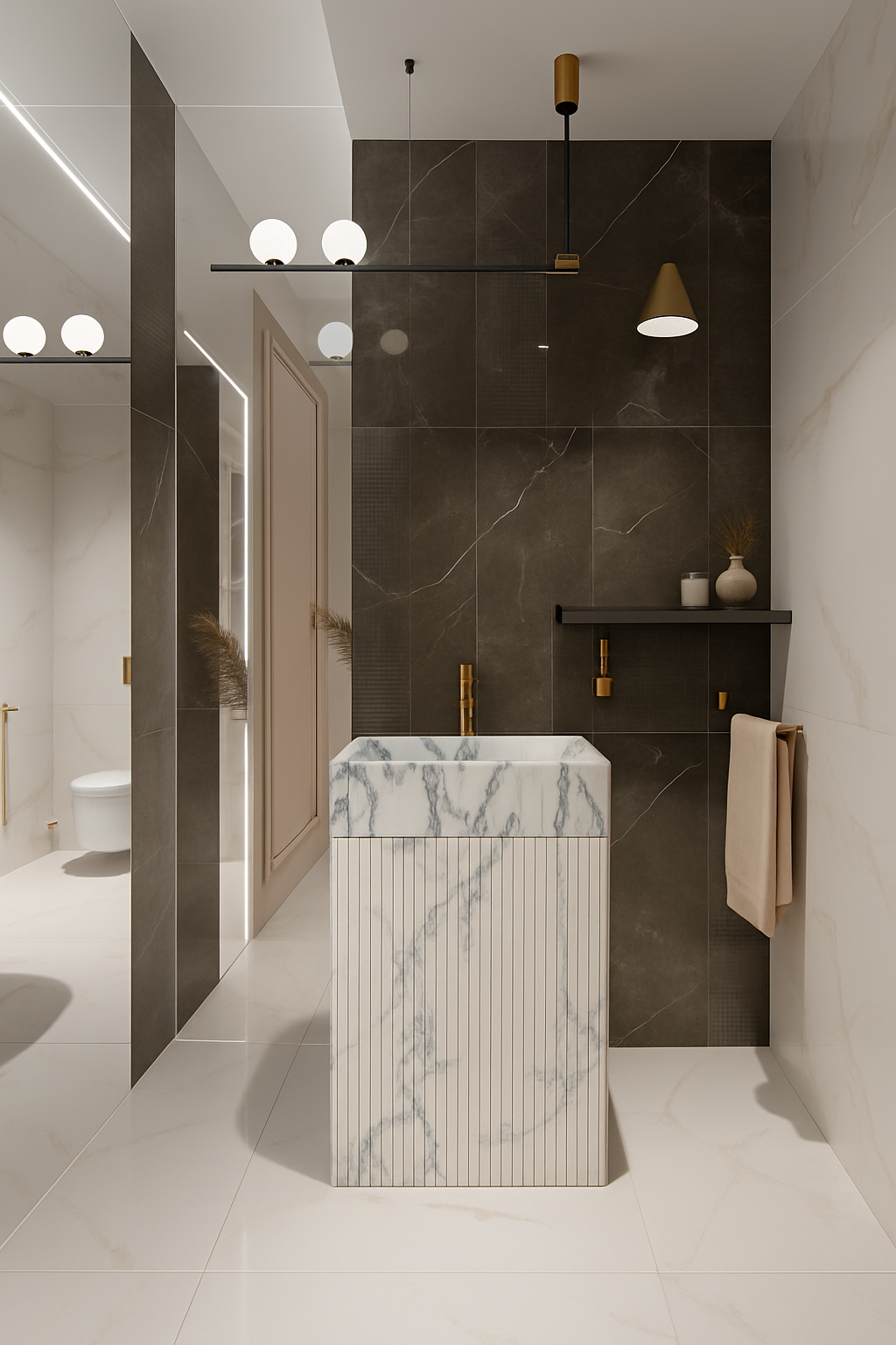 Marble Monolithic Rectangular Wash Basin with Fluted Base and Blue-Gray Veining