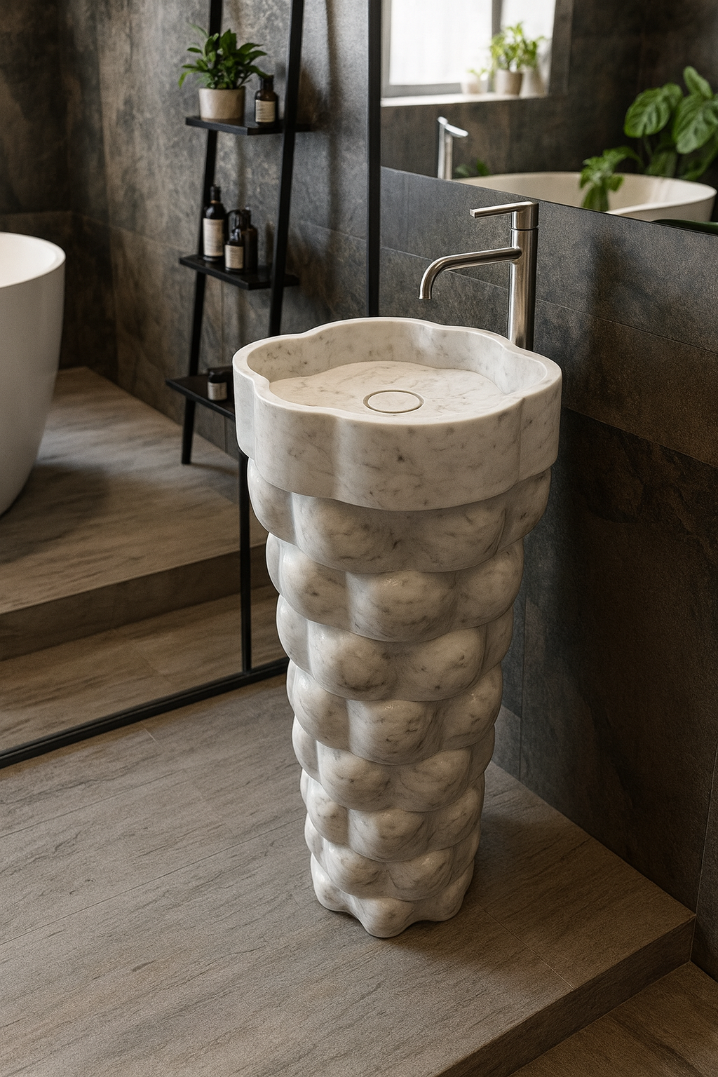 White Marble Bubble-Textured Pedestal Basin