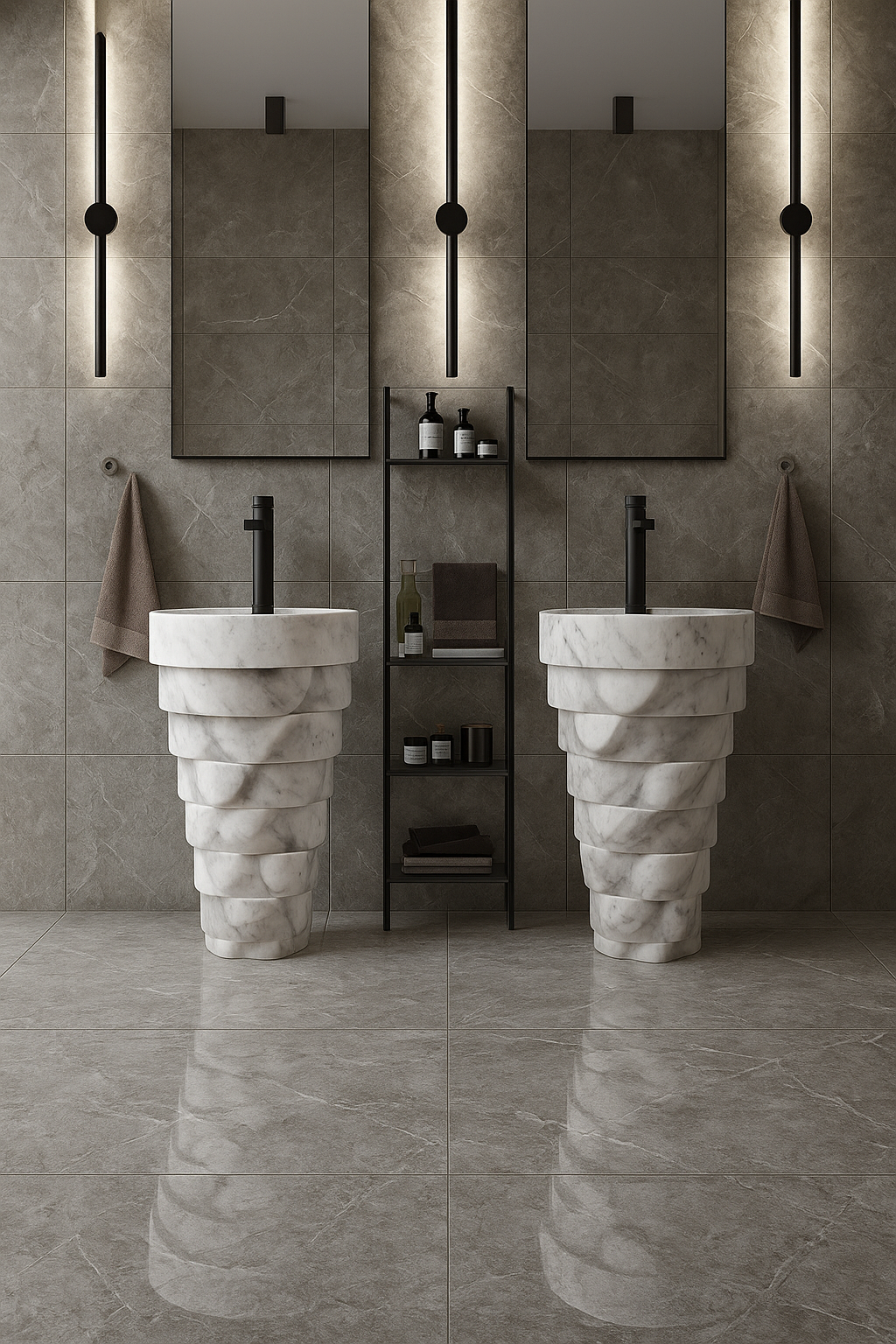 White Marble Bubble-Textured Pedestal Basin