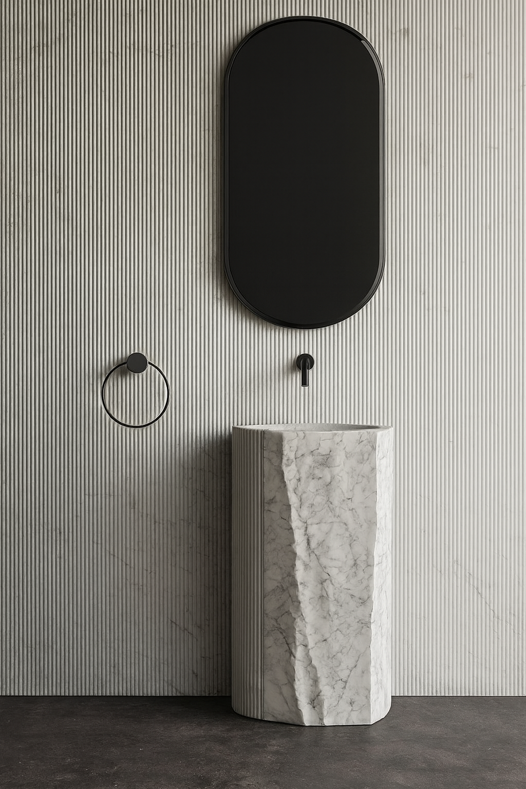 Two-Texture White Marble Pedestal Basin with Fluted and Chiseled Surfaces