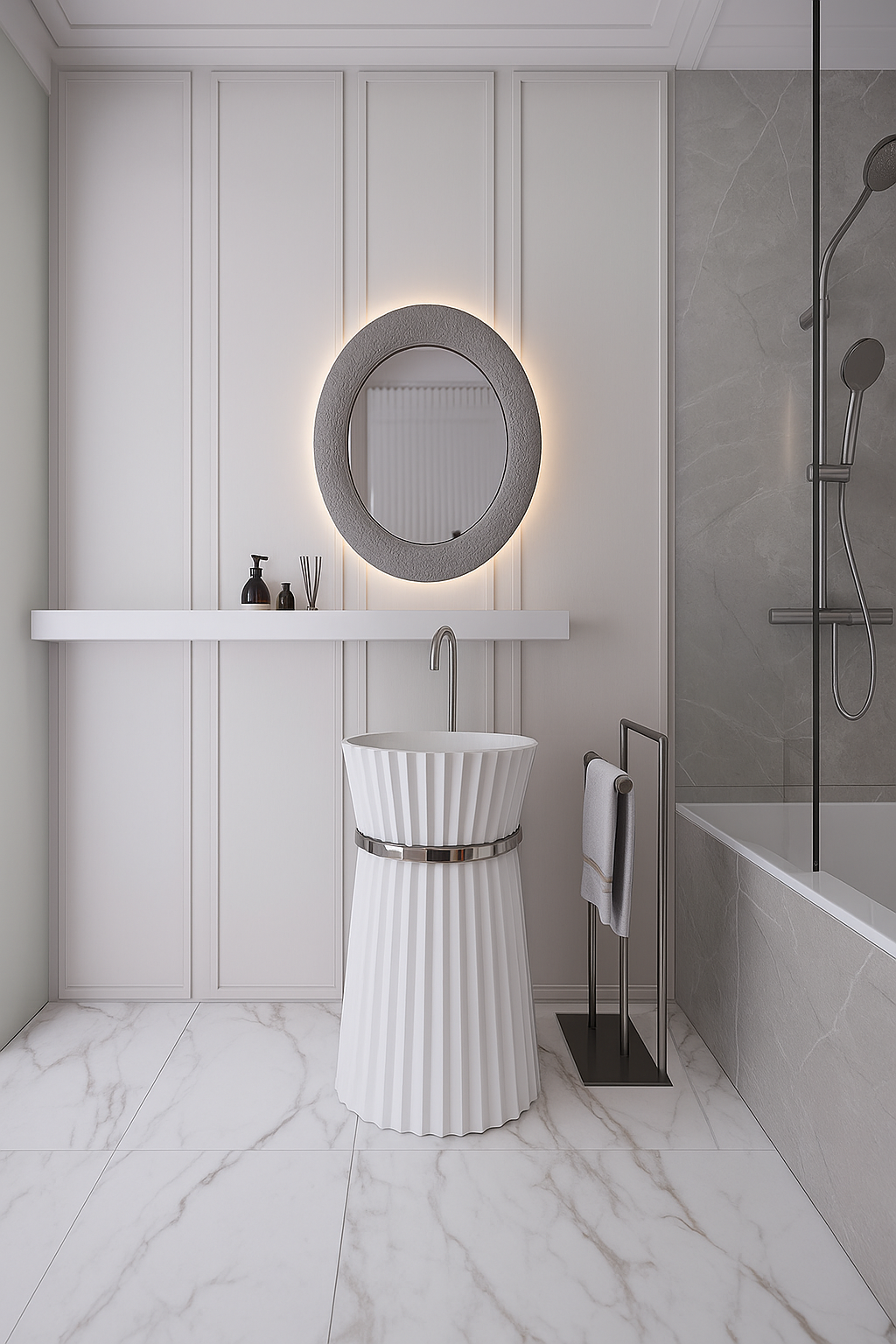 Art Deco Pleated Pedestal Basin with Metallic Waistband