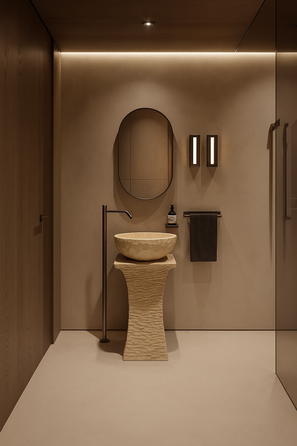 Rustic Travertine Pedestal Basin with Chiseled Base and Natural Rim Bowl