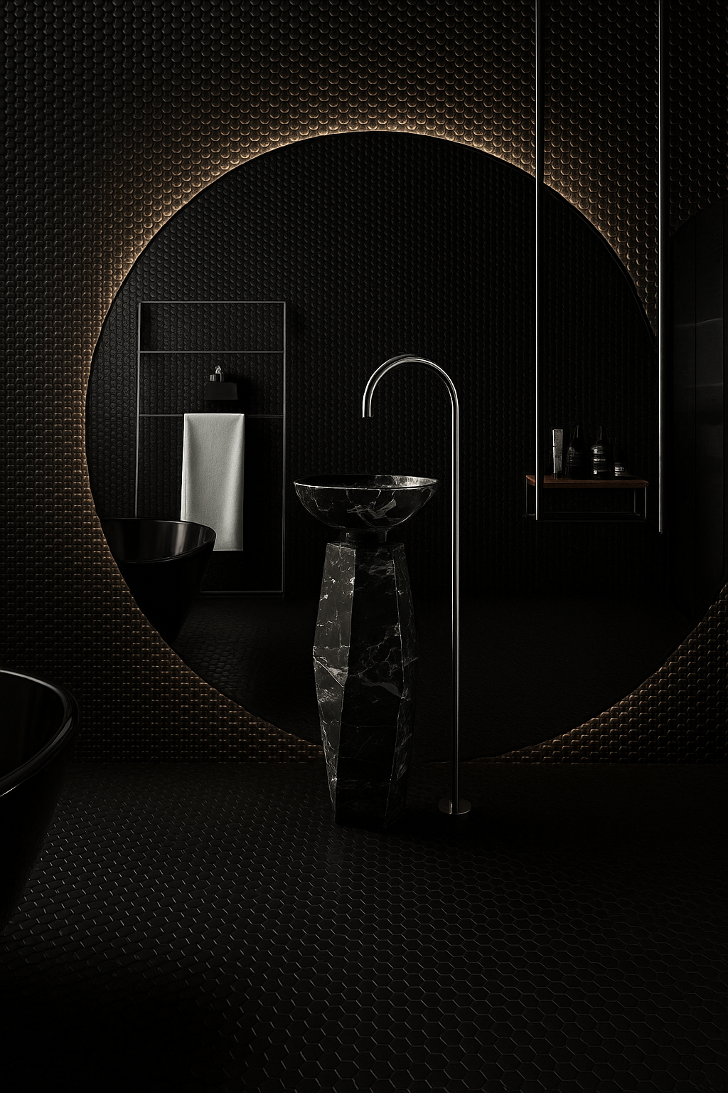 Black Marble Faceted Pedestal Basin with Vessel Bowl