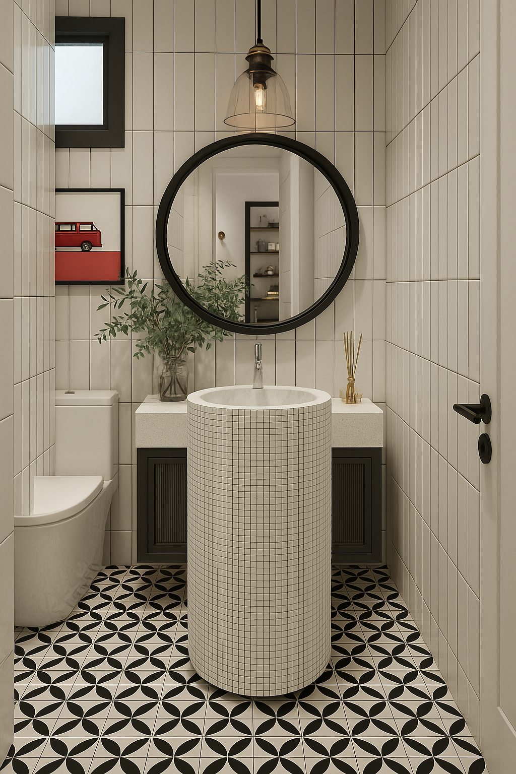 Pixelated Artistry: Mosaic Marble Pedestal Basin