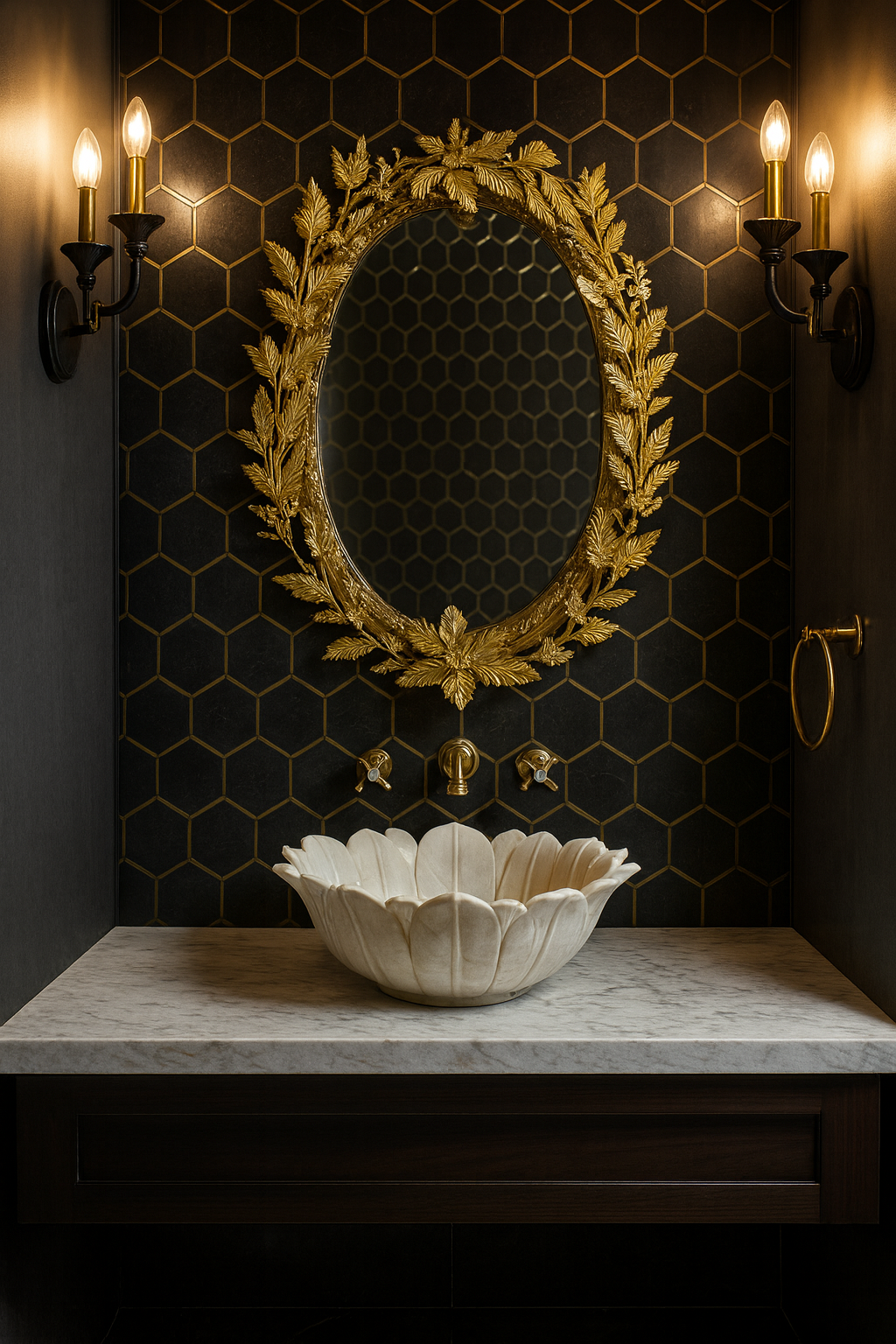 Ornate Petal Marble Basin with Gold Accents
