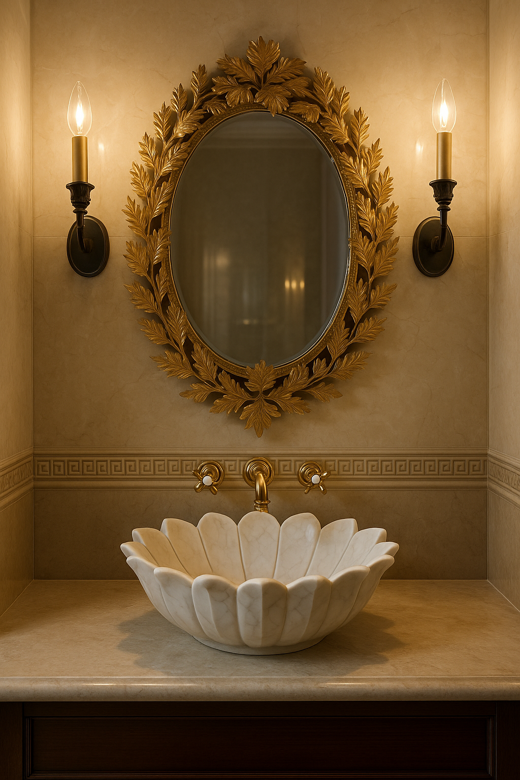 Ornate Petal Marble Basin with Gold Accents