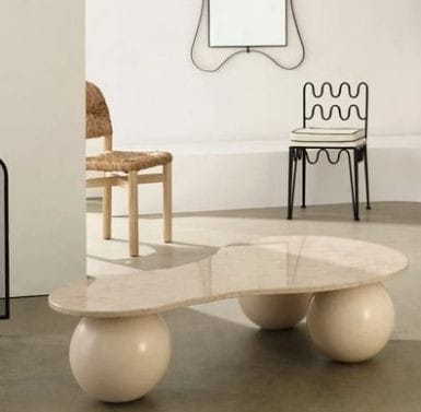 Pale Kidney-Shaped Marble Coffee Table with Spherical Bases